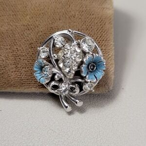Vintage HOLLYCRAFT Signed Silver Tone Blue Daisy Brooch‎ Pin AS IS